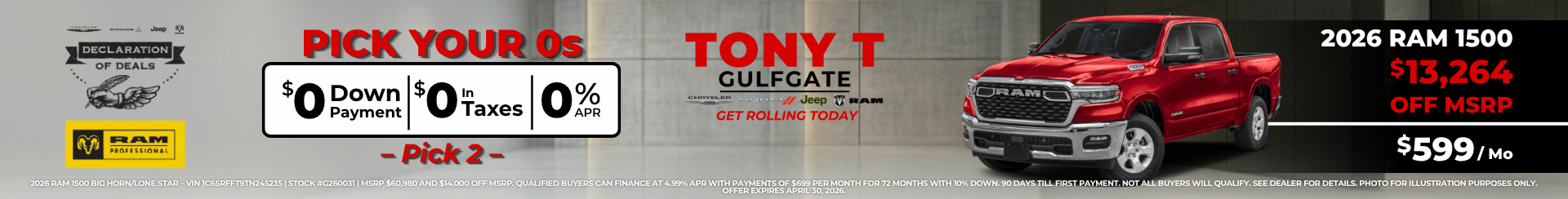Tony T CDJR Gulfgate April Incentive