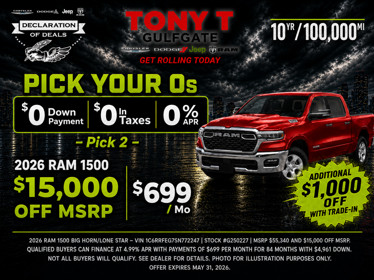 Tony T CDJR Gulfgate May Incentives